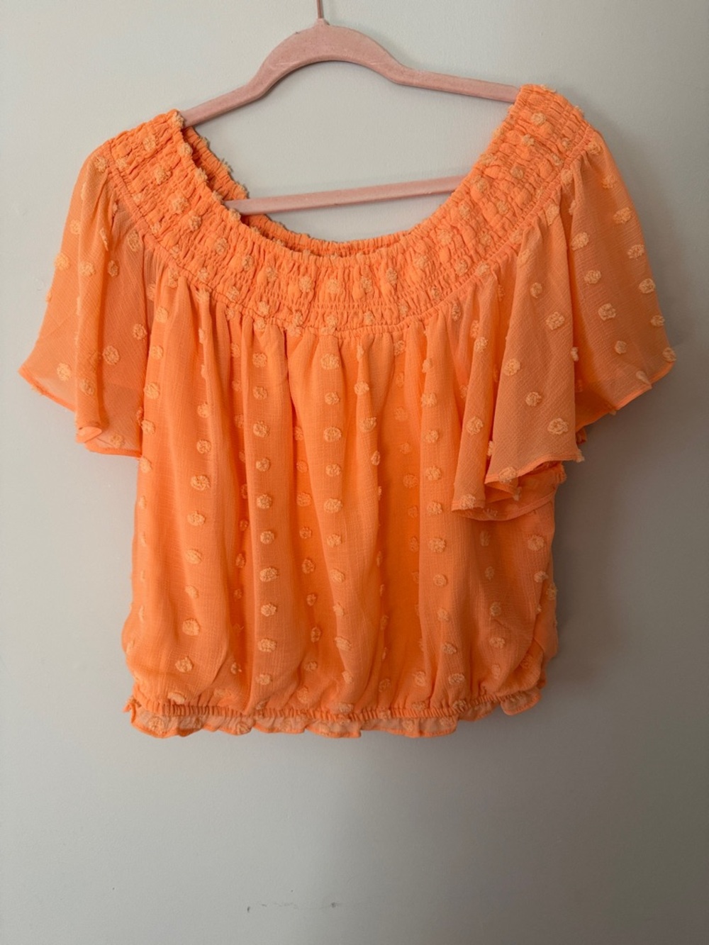 Smocked Off-Shoulder Flutter Sleeve Top - Orange